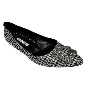 Manolo Blahnik Hangisi Crystal Buckle Flats Black White EU 38.5